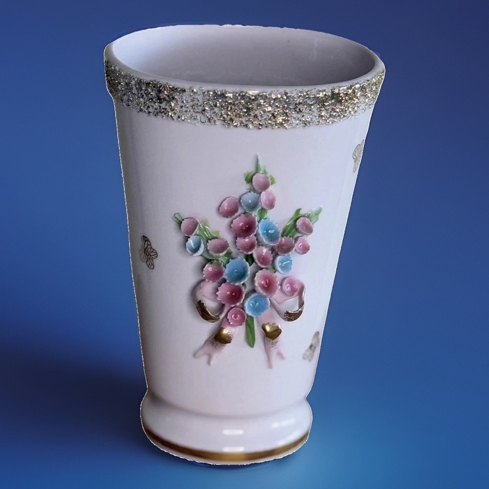 Vintage MCM 7" Lefton China Pink Vase 3D Flowers Gold  Trim & Bow Made In Japan